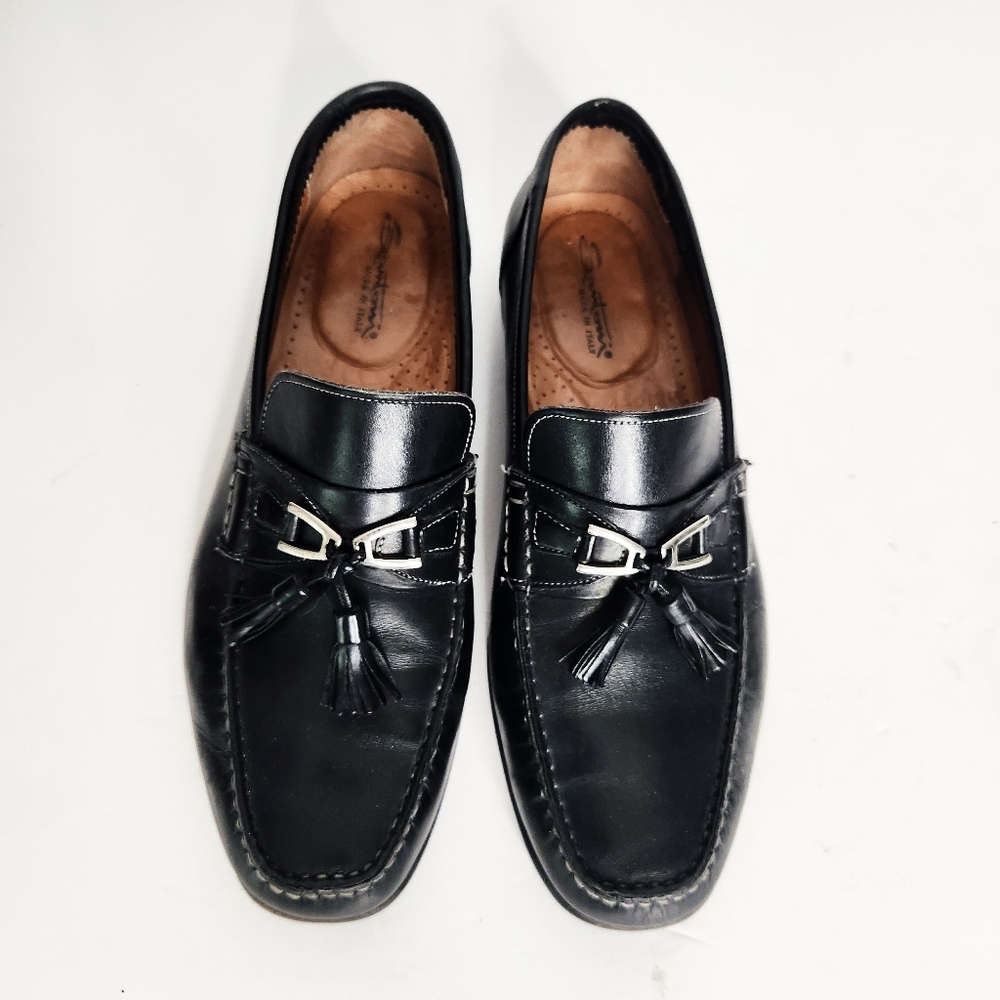Santoni Men's Black Leather Slip On Loafers with Tassels Size 9.5 Made in Italy - Picture 3 of 9